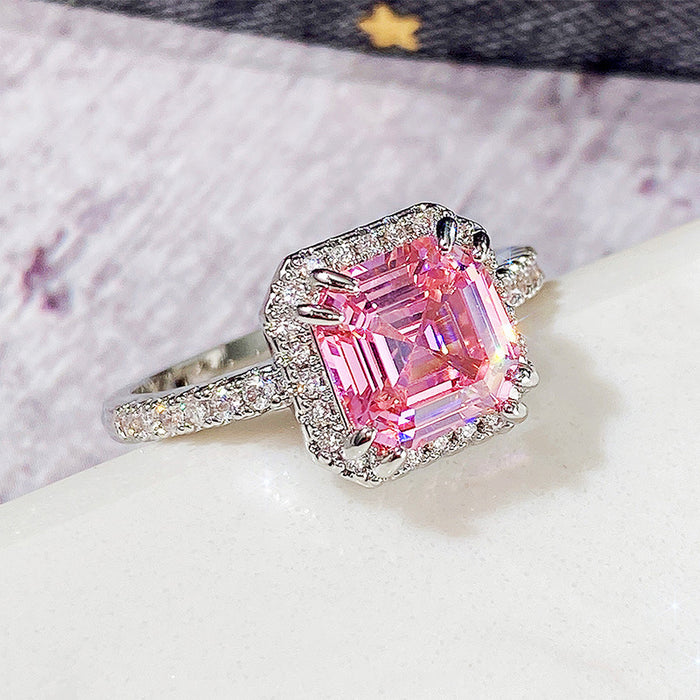 Square pink diamond princess ring micro-studded diamond women's ring