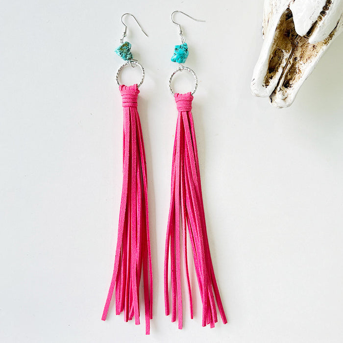 Exaggerated Western Bohemian Leather Tassel Earrings with Turquoise Hoops