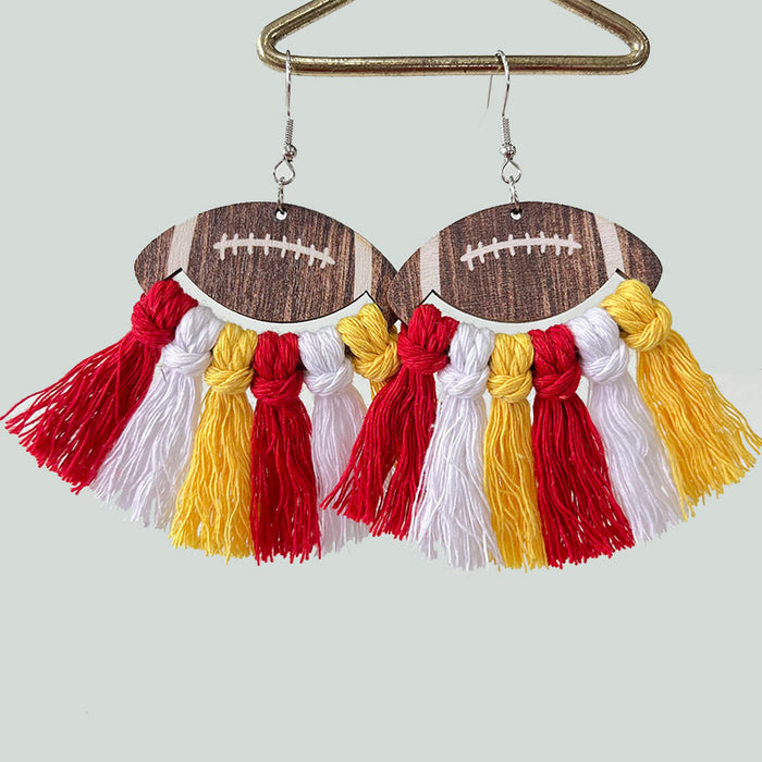 Sports Themed Woven Tassel Wooden Earrings for American Football Cheerleaders