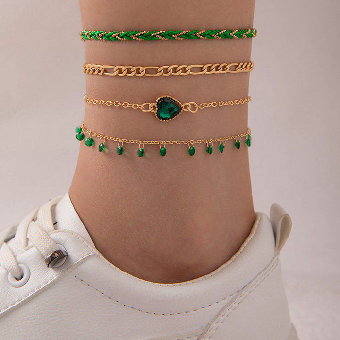 Green Heart Rhinestone Anklet Set with Woven Rope - Multilayer Beach Jewelry