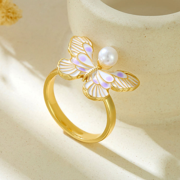 Wholesale copper micro-inlaid pearl enamel painted drop butterfly open ring