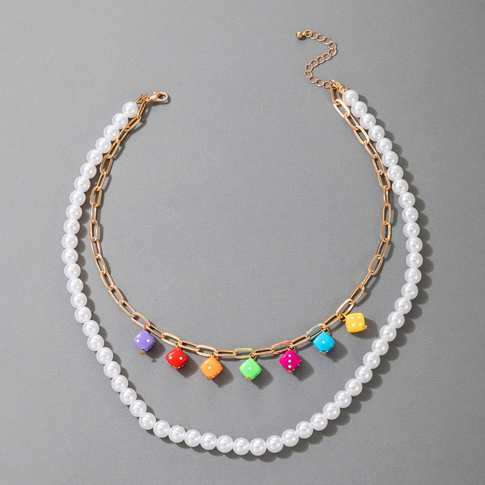 Colorful Resin Dice Multi-Layer Necklace with Chain Pearl Bead Two-Layer Clavicle Chain