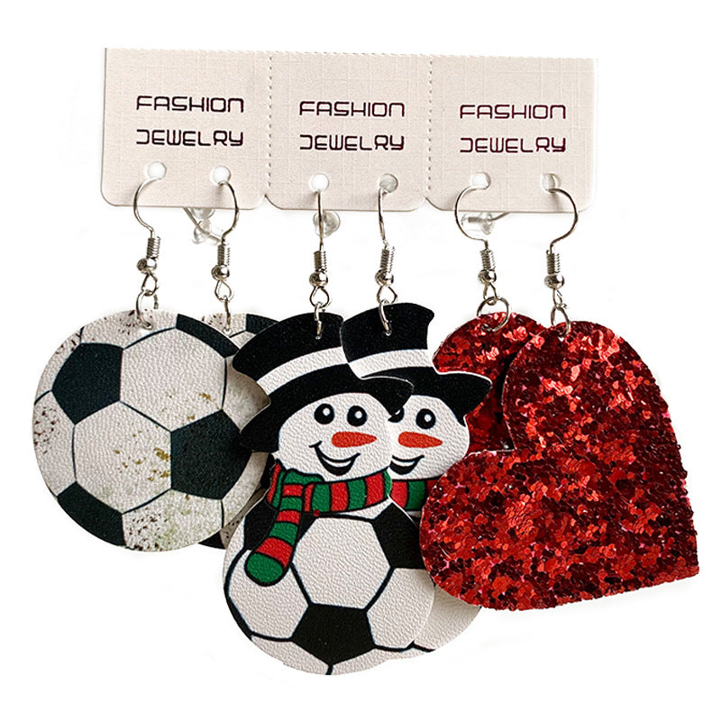 Christmas Western Cowboy PU Leather Teardrop Earrings with Sports and Snowman Design - wallojewerly 