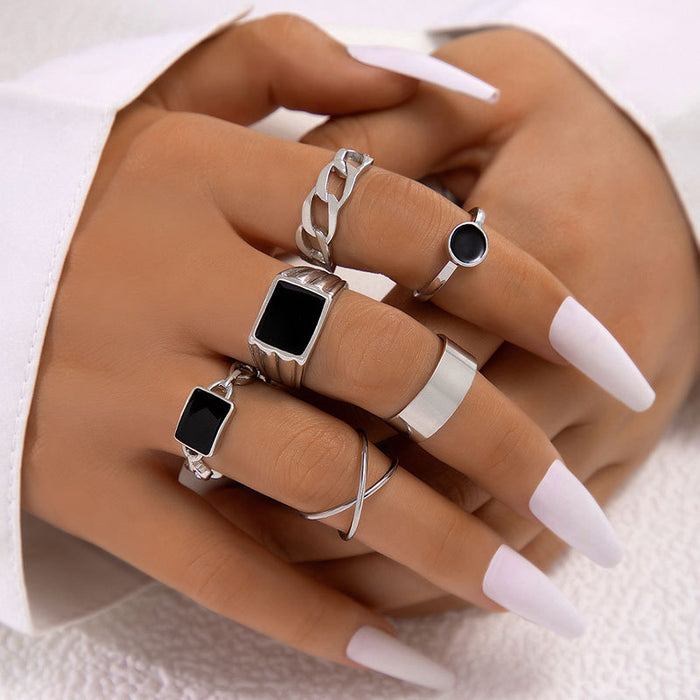 Oil dripping silver square seal chain open five-piece ring set