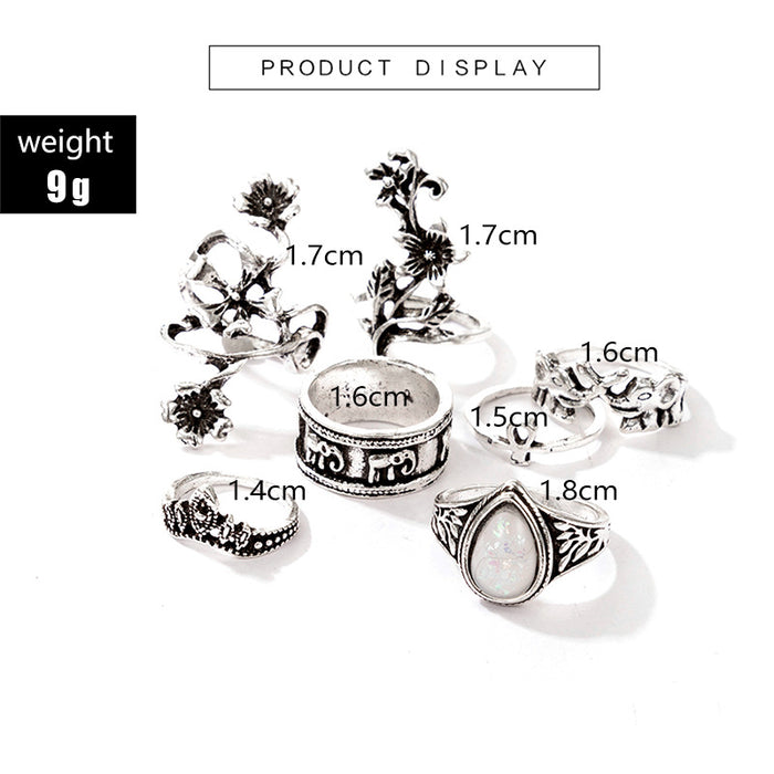 Retro ethnic style flower diamond elephant ring 7-piece set