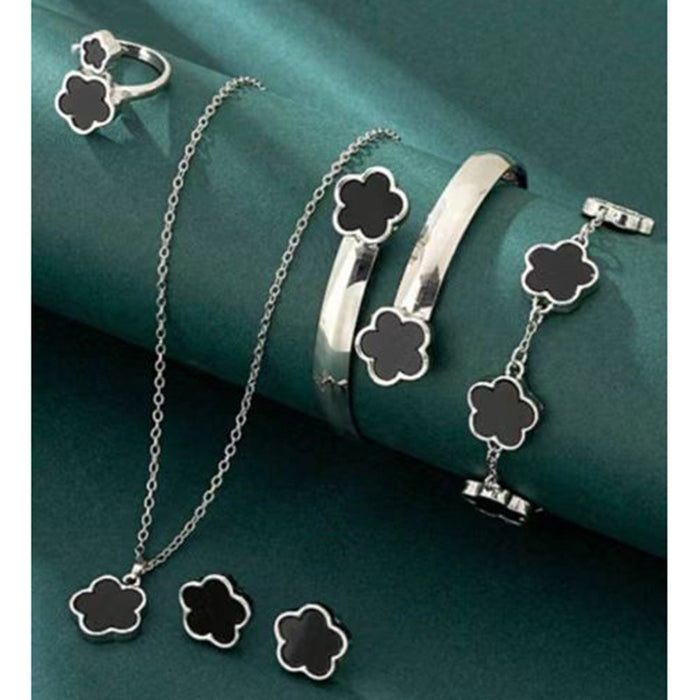 Wholesale 5-piece set of five-petal flower necklace, bracelet, bangle, earrings, and ring - wallojewerly 