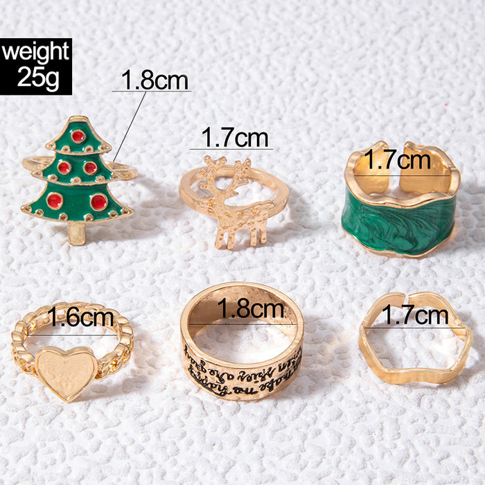 Festive Christmas Tree and Reindeer Ring Set - 6-Piece Holiday Alloy Rings