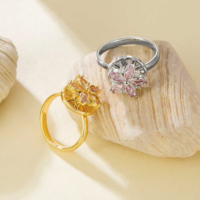 Wholesale 18K real gold plated pink cherry blossom 360-degree rotating ring