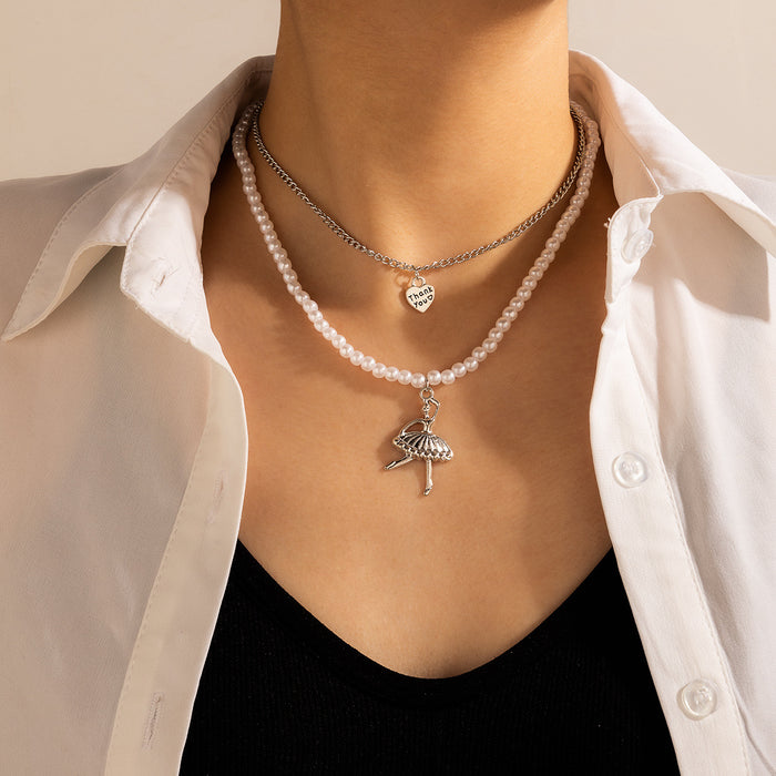 Ballet Dancer Pendant Necklace – Multi-Layer Pearl Chain