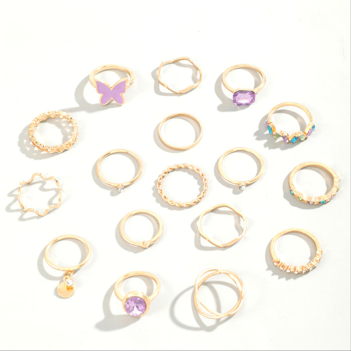 Butterfly and Gemstone Ring Set - 17-Piece Fashionable Hollow Heart Rings