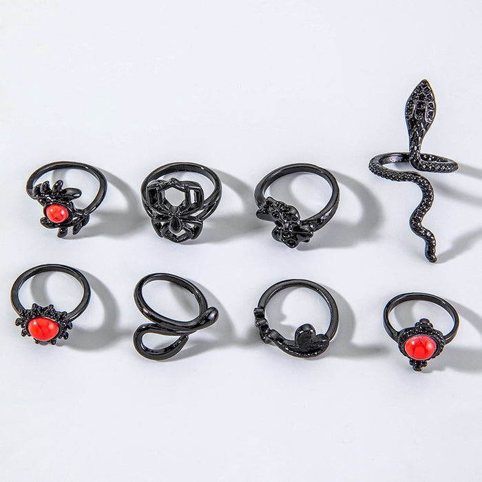 Juego de anillos Dark Punk: conjunto de ocho piezas con calavera, araña y serpiente turquesa