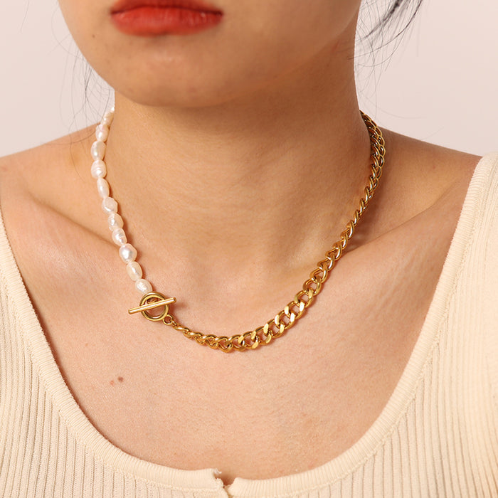 Classic OT Clasp Cuban Chain Necklace with Freshwater Pearls - Stainless Steel Half Chain, Half Pearl Design