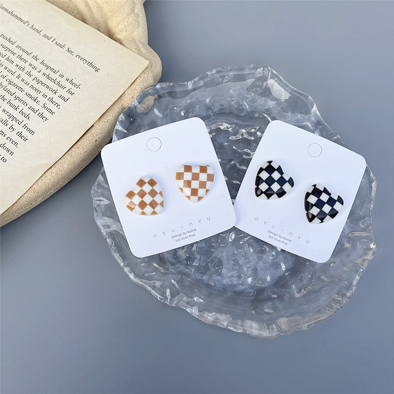 Japanese and Korean cold style retro checkerboard earrings personality 925 silver earrings - wallojewerly 