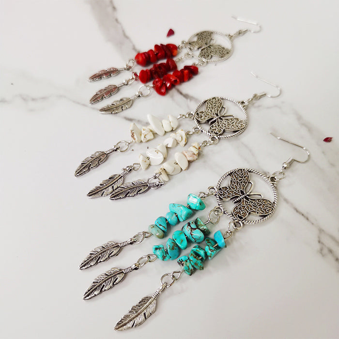 Antique Silver Plated Feather Earrings with Stone and Bohemian Ethnic Style