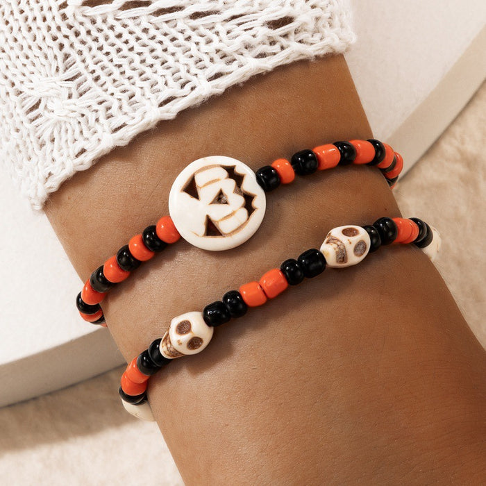 Halloween Pumpkin Beaded Bracelet Set - Dark Skull Beaded Bracelet