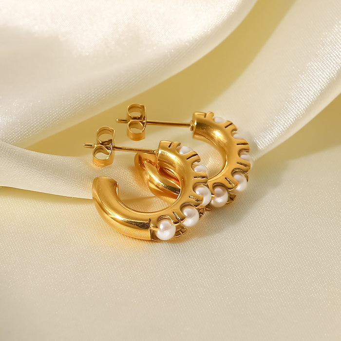 18K Gold Plated Earrings - Geometric Pearl Inlaid Design Jewelry