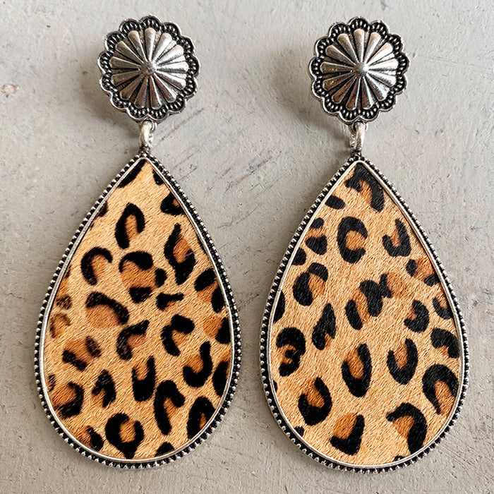 Pendientes de cuero con estampado animal occidental, estilo bohemio y diseño de flor de calabaza