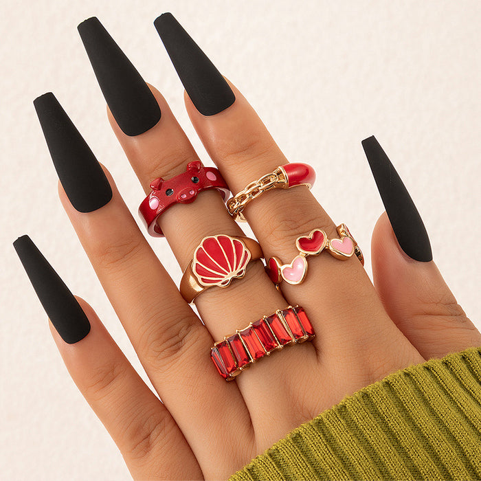 Love piggy dripping oil scallop ring set, geometric red imitation gem five-piece set