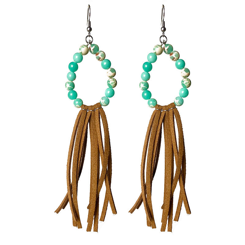Western Leather Tassel Earrings with Cowboy Theme and Aztec Cutout
