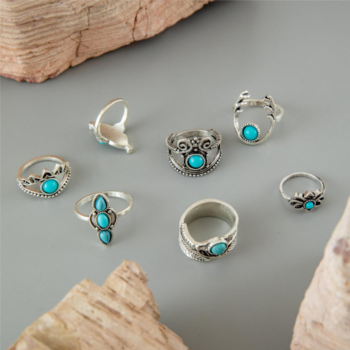 Bohemian Turquoise Ring Set – Feather & Crown Rings, 7-Piece Collection