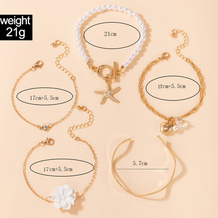 Creative Floral Heart Pearl Bracelet Set - Five-Piece Women's Collection