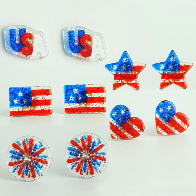 Independence Day Earrings with American Flag, Heart, and Star Designs