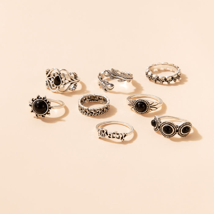 Black imitation diamond letter ring eight-piece set vintage skull leaf combination