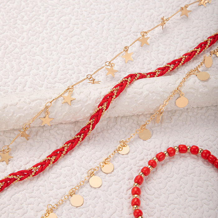 Red Star Woven Rope Anklet Set with Tassels - Multilayer Beaded Jewelry