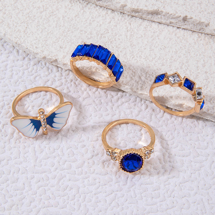 Blue Enamel Rhinestone Butterfly Ring Set - Small Design Rhinestone Four-Piece Set