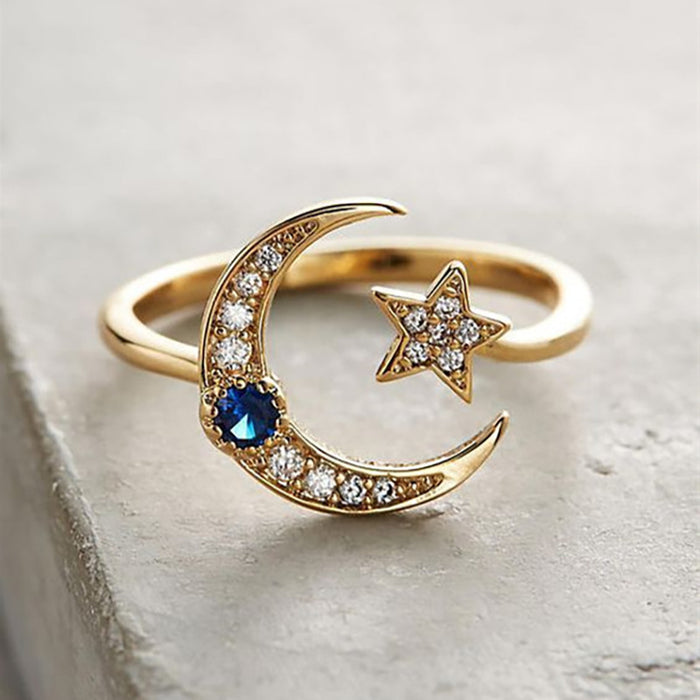 Anillo abierto de estilo frío con diseño de nicho de estrella y luna de moda