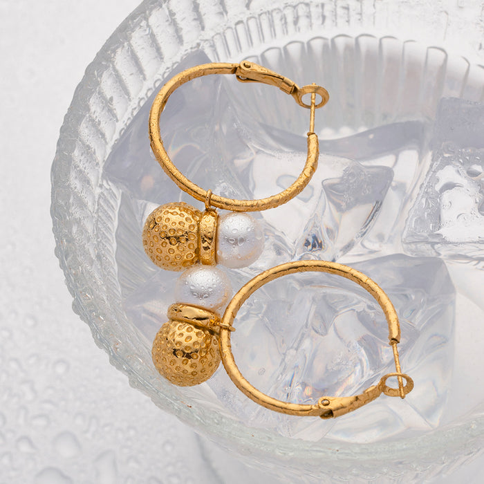 European 18K Gold Stainless Steel Hammered Pearl Ball Earrings - High-End Titanium Steel Jewelry