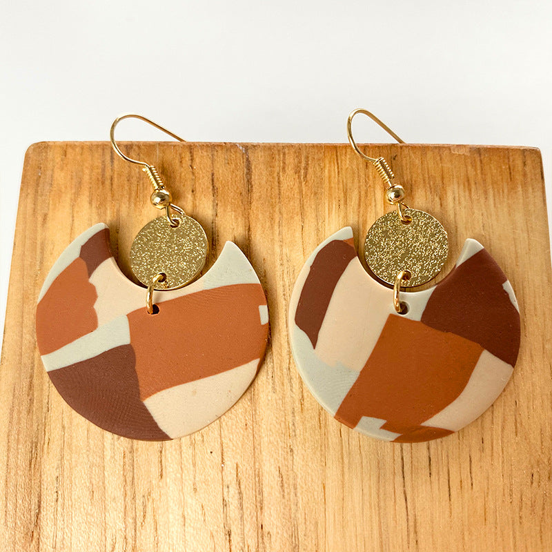 Trendy Geometric Clay Earrings - Gold Foil Design with Retro Charm