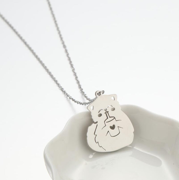 Hollow cat pendant necklace, cartoon drink love clavicle chain fashion charm stainless steel jewelry