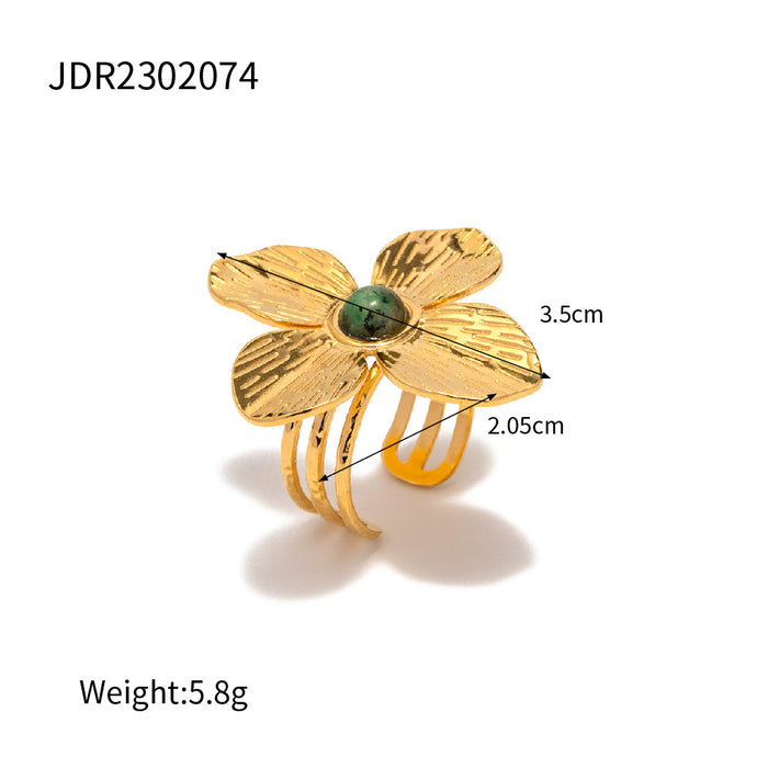 18K Gold Stainless Steel Oval Zircon Ring with Double Layer Design