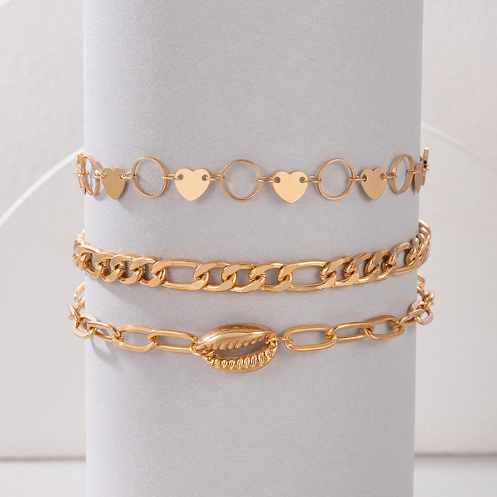 Alloy Shell Triple-Layer Anklet with Heart and Disc Chain Design