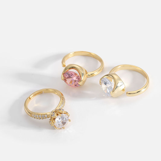 Trending 18K Real Gold Plated Open Ring with Small Charm - Brass Jewelry with Pink and White Zircon for Women