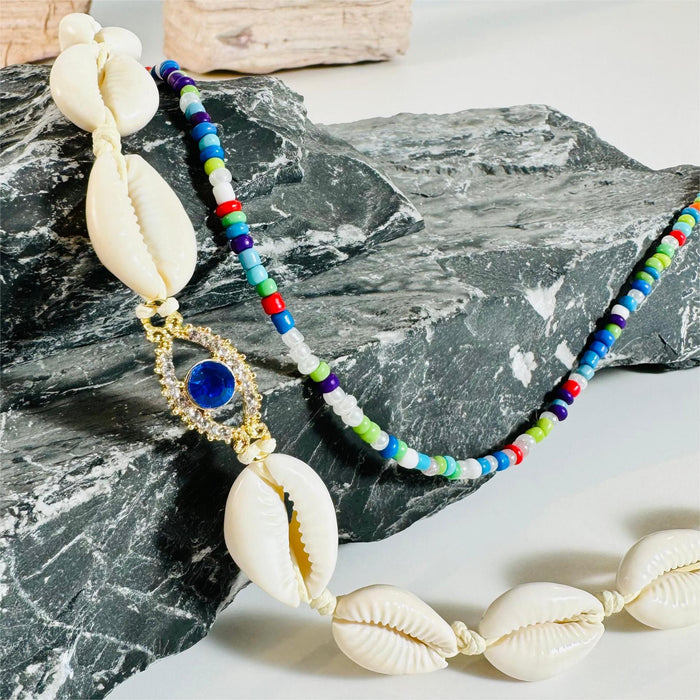 Boho Shell and Beaded Eye Necklace Set for Summer Beach