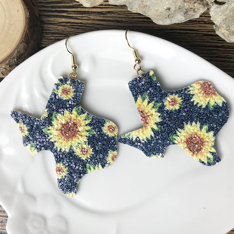 Bohemian Sunflower and Cowhead Earrings with Texas Map and Bottle Pendant