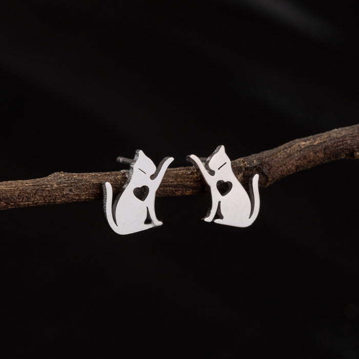 Pendientes asimétricos de acero inoxidable con forma de gato y perro: joyas de animales adorables y divertidas