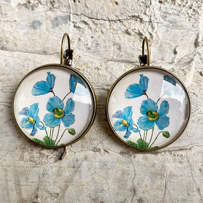 Vintage Glass Earrings with Sunflower, Sunflower, and Lavender Design