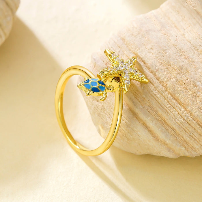 Wholesale oil-splashed turtle and starfish micro-painted zircon rings