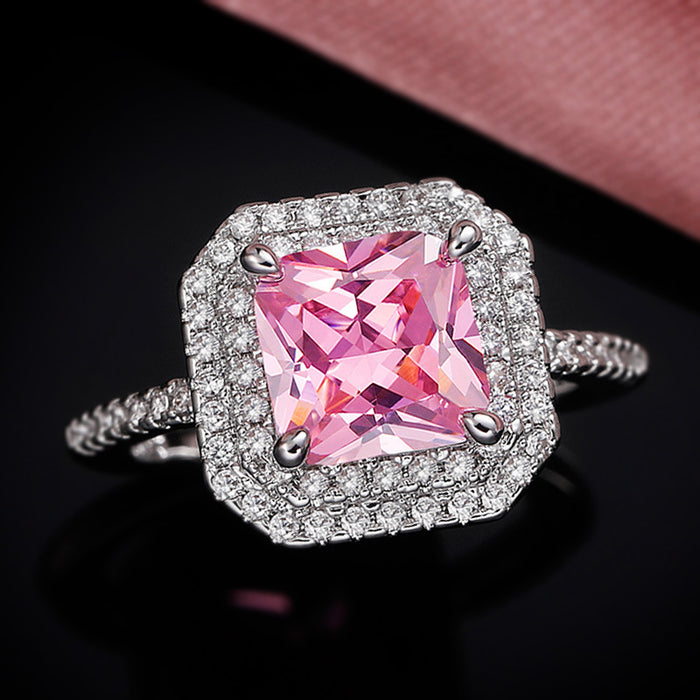 Anillo de racimo cuadrado de circonita rosa, joyería de lujo de alta gama para mujer