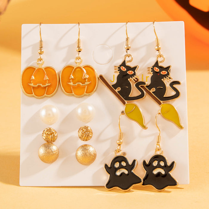 Juego de pendientes con forma de gato y calabaza divertidos de Halloween con gotas de aceite oscuro y cara de fantasma para mujer