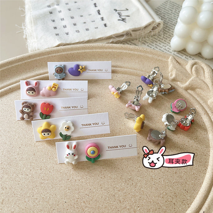 Cute cream flower earrings cartoon bear earrings