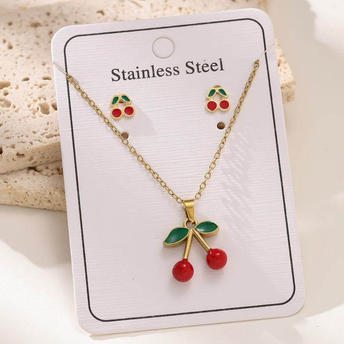 Conjunto de aretes de cadena de clavícula con colgante de cereza de oro de 18 quilates de acero inoxidable al por mayor