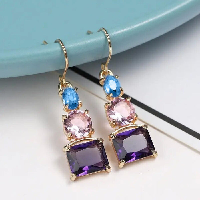 Pendientes de circonitas de colores mezclados en azul y rosa con temperamento, pendientes de moda medianos y largos