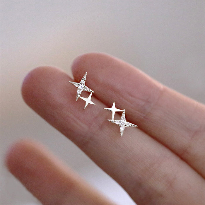 Star earrings with diamonds, four-pointed star design earrings