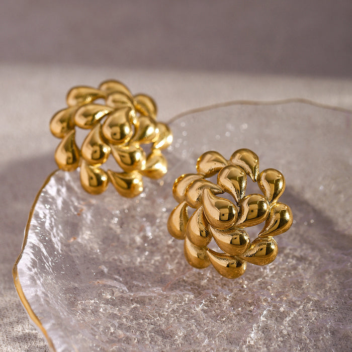 18K Gold Plated Stainless Steel Twisted Teardrop Flower Earrings - Unique Geometric Design