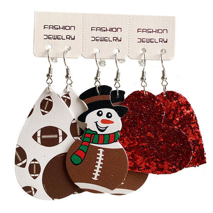 Christmas Western Cowboy PU Leather Teardrop Earrings with Sports and Snowman Design