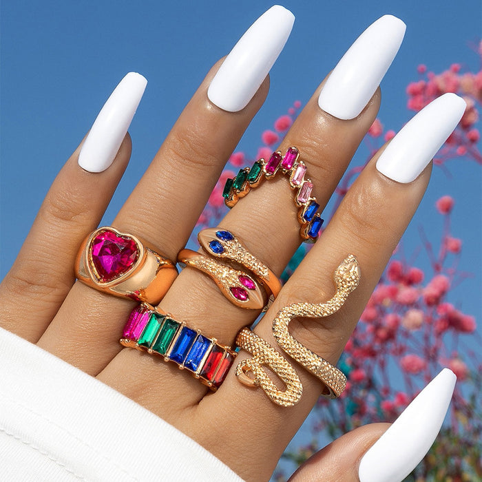 Colorful Heart Snake Crystal Gemstone Ring Set - 5pcs Stylish Rings